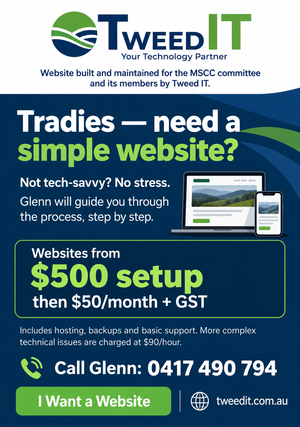 Tweed IT websites from $500 setup, then $50 per month plus GST. Call Glenn on 0417 490 794.