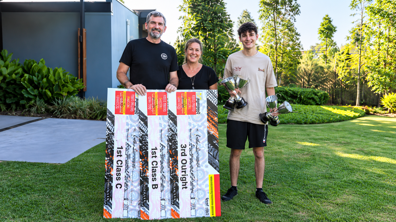 Jude Livermore celebrates his successful 2023 motorsport season with his parents, Josh and Leesa.